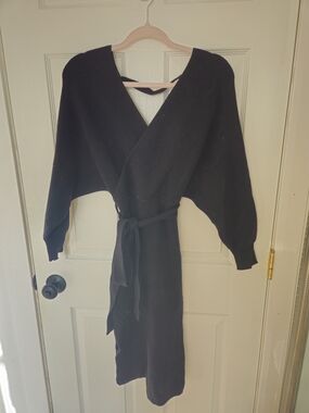 Angel Black V-Neck Wrap Knit Dress with Tie Belt